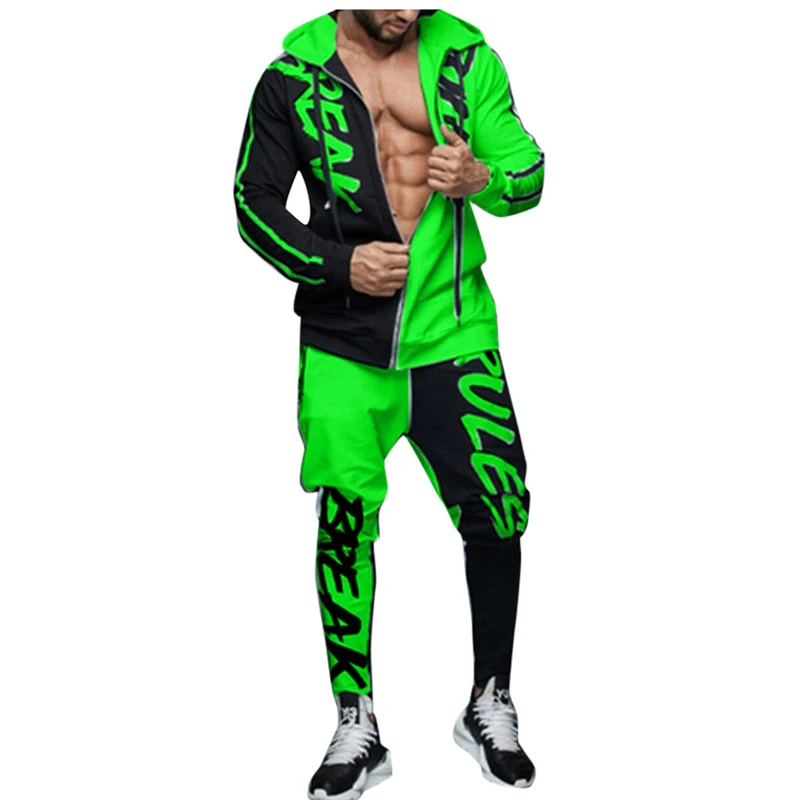 

Men's fitness sports suit hooded letters jogging running suit color matching personality hip hop cardigan men's sports GYM suit