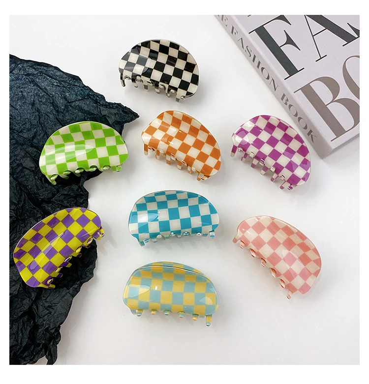 2021 Autumn New Fashion Women Hair Claw Clip Accessories Acrylic Geometric Color Grid For Sweet Girls Shark Hairpins Headdress