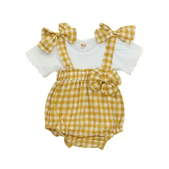 安い PUDCOCO 素敵な新生児の女の子レース半袖 Tシャツトップス + チェック柄全体よだれかけパンツ洋服衣装 3- 24 メートル
