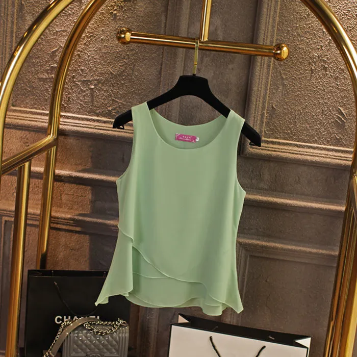 Light Green Женская шифоновая футболка Летняя новая модная повседневная однотонная с оборками без рукавов пуловеры Свободные топы футболки женские - Цвет: Light Green