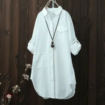 

New Women V Neck Long Sleeve Floral Loose Tops Button Pockets Turn-down Collar Casual Plain Tee Shirt Blouse S-2XL