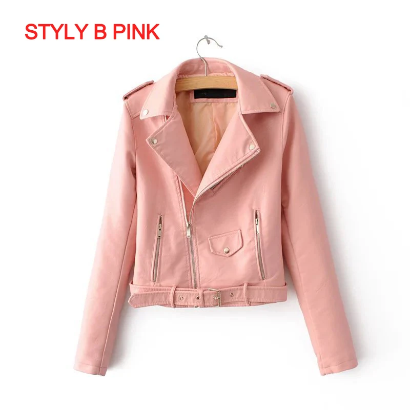 Style B Pink Женская кожаная куртка, мотоциклетная, осенняя, с длинным рукавом, на молнии, мягкая, искусственная кожа, куртки, белые, женские пальто, верхняя одежда - Цвет: Style B Pink
