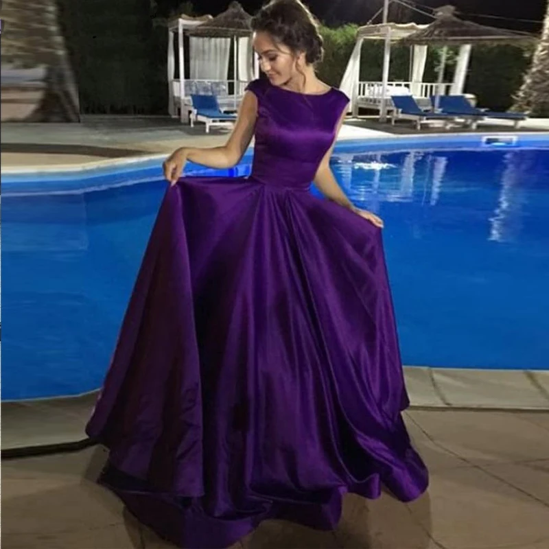 

Simple Purple Evening Dresses Scoop A-line Sleeveless Backless Floor Length Formal Prom Gowns Satin robe de soiree