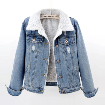 

Autumn Winter Short Women's Plus velvet Thick Faux Lambswool Denim jacket Chaqueta mujer Plus size Hole Jean Cotton coat Female
