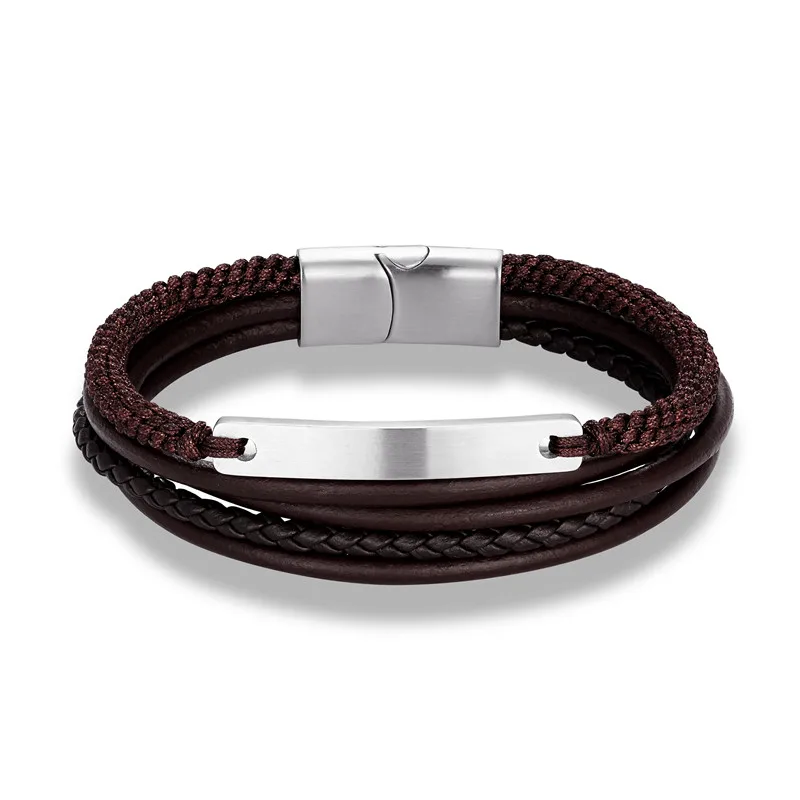 Multi Layer Braided rope Leather Bracelets for Men Women ID Brand Stainless Steel Bar Bangles Casual Personalized Pulseira Gifts