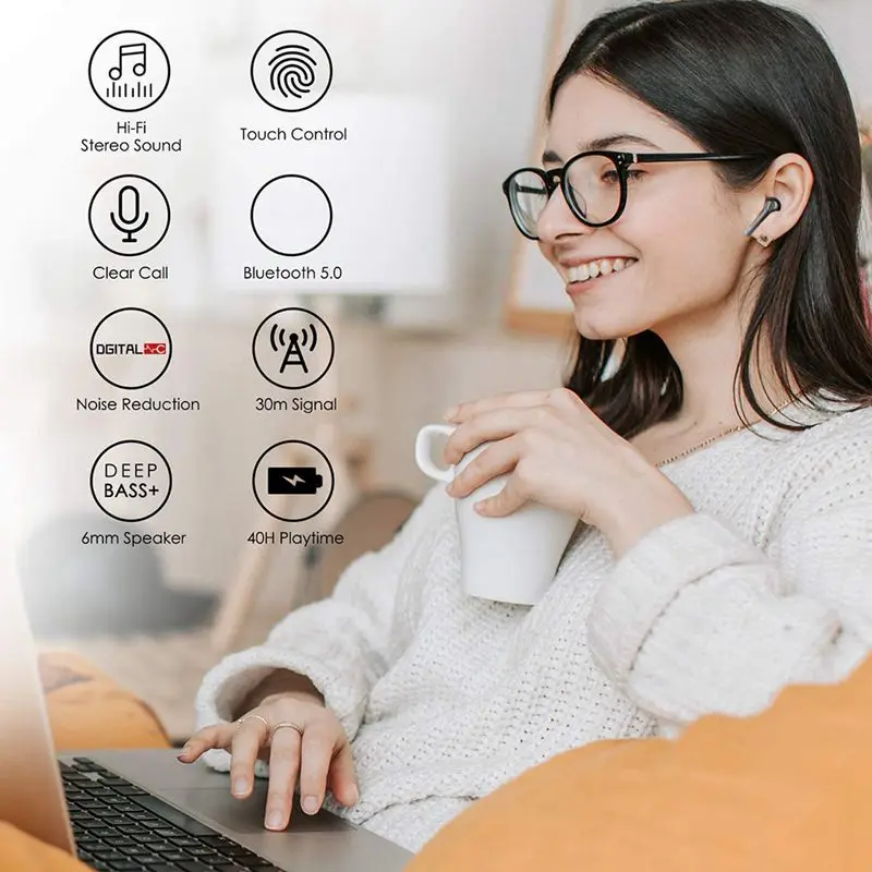 Wireless Earbuds HiFi Bluetooth Headphones with USB C Fast Charging TWS Stereo Earphones Mic Headset Noise Cancelling