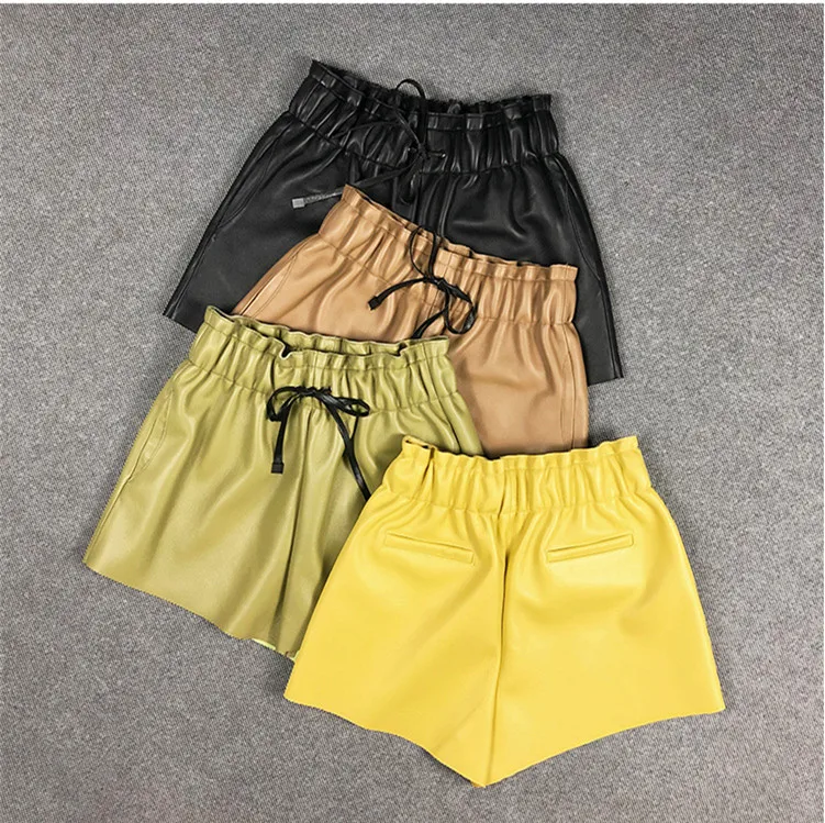 Feminina de Couro Primavera Genuíno Calças Largas-perna Quente Moda Couro Real Cintura Elástica Curtas B397 2021 2 Calças e capris