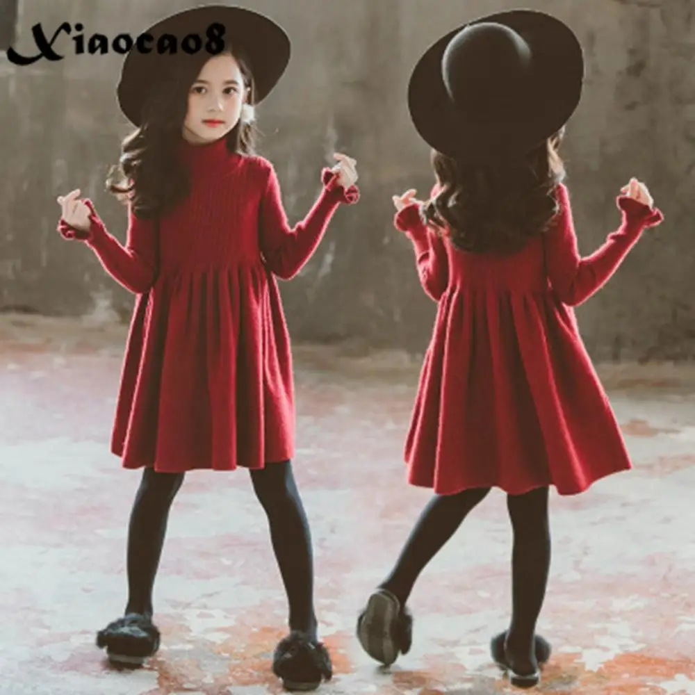 

Children's knitted Dress for Girls Solid Warm Winter Clothes Kids Red Dresses for Girls Party Christmas Costume Princess Dress