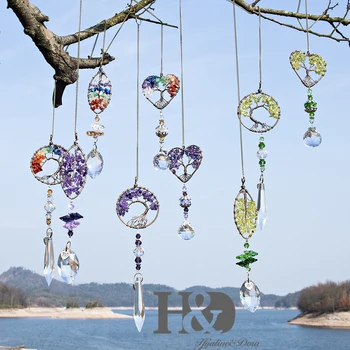 

H&D 3pcs Chakra Quartz Natural Stone Crystal Suncatcher Tree of Life Healing Window Ornament with Crystal Ball Drop Icicle Prism