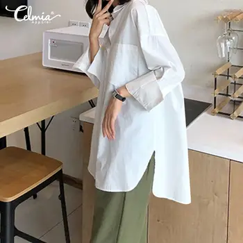 

Celmia 2020 Women Blouses Fashion Shirts Spring Autumn Long Sleeve Asymmetrical Lapel Neck Buttons Casual Solid Tops Plus Size