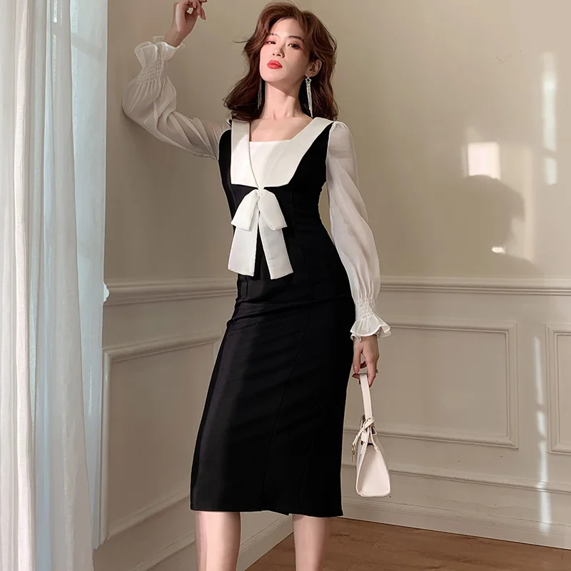 

Europe And America 2020 Spring Clothing New Style Online Celebrity INS Wind Debutante Slim Fit Slimming Insert Bow Dress