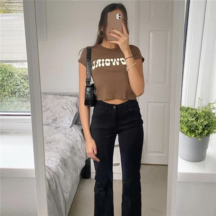 Vintage Letter Print Sexy Crop Tops Women Casual Short Sleeve Cotton Pullover Tees Summer Slim Streetwear T-shirt Woman 2021