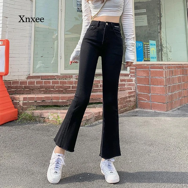 Bell Bottom Jeans for Women, Trendy High Waisted Stretch Flare Denim Pants  Butt Lifting Skinny Solid Color Trousers Black