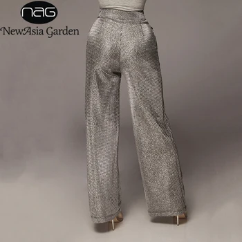 

NewAsia Garden High Waist Pants Women Bright Silk Sexy Wide Leg Pants Button Silver Small Square Trousers Women Loose Trousers