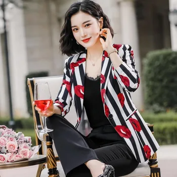 

Workwear retro suit jacket 2020 spring and autumn new printed stripes Slim wild short casual OL suit large size S-4XL