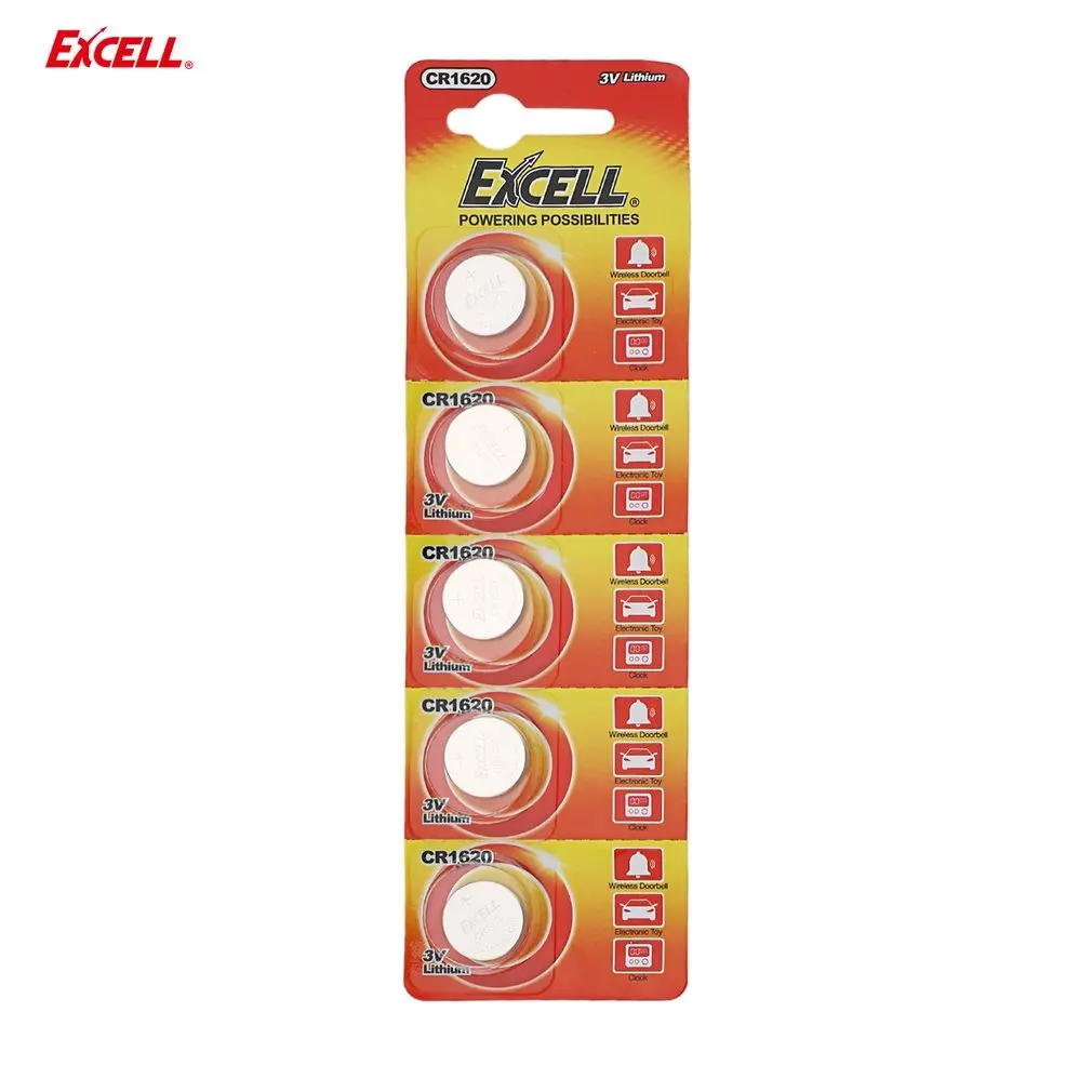 

EXCELL 5pcs 3V CR1620 Lithium Coin Cell Button Battery for Wireless Doorbell Electronic Toy Timer Glucometer LED Billboard