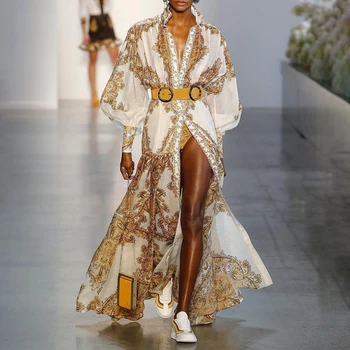 

Catwalk Show Palace Style Dress Chiffon Retro Printing Lantern Long-sleeved Lapel with Belt Large Swing Dress Long Dress