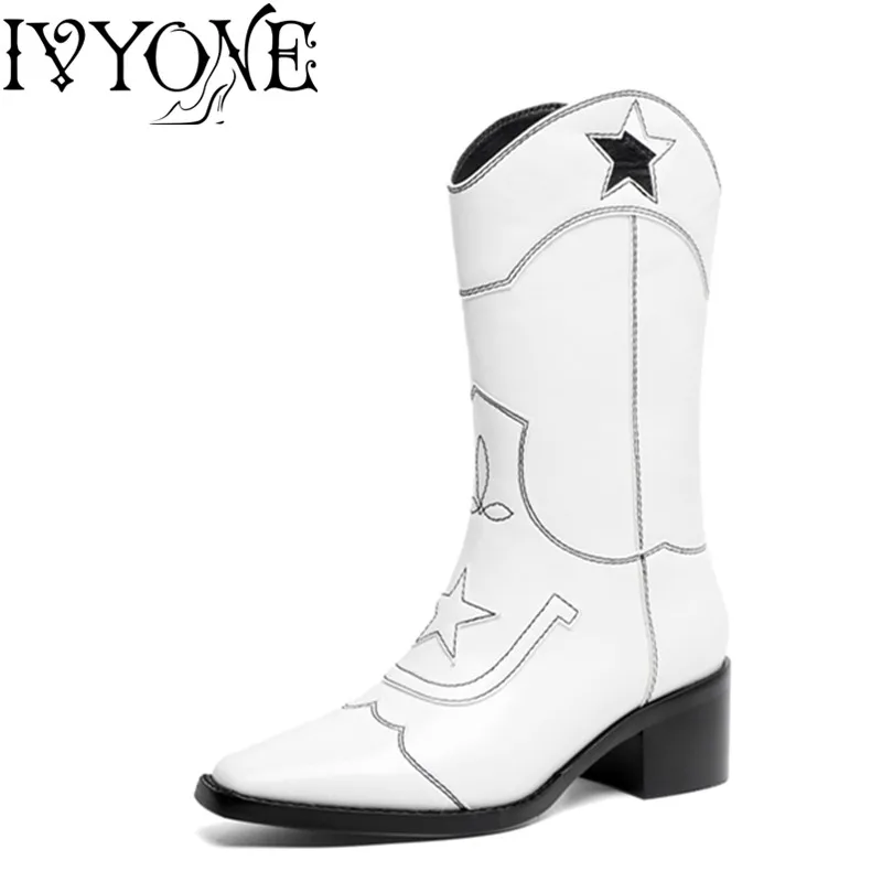 

High Quality Fashion Women Boots Cow Leather Square Toe Block Heels Simple Pattern Mid Calf Boots Lady Pumps Autumn Casual Shoes