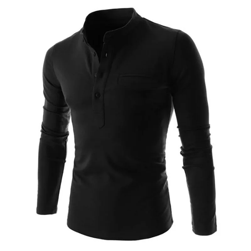 Одноцветное Поло рубашка для мужчин Мода Стенд воротник серый повседневный длинный рукав поло рубашка дизайн ложный карман Хэнли рубашка Y