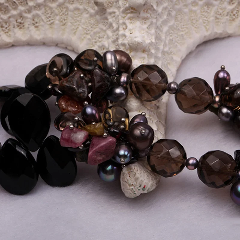 JYX 7-9 мм чёрный пресноводный жемчуг с черным агатом и кристаллами чипы ожерелье для оперы ювелирные изделия подарок для женщин
