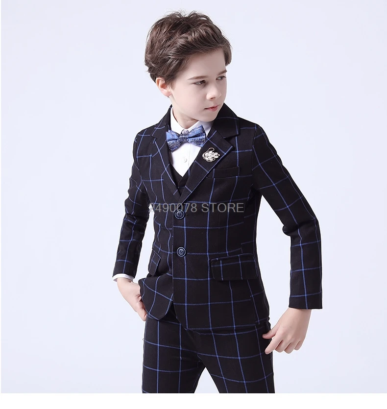 

Kids Plaid Jacket Vest Pants Bowtie 4Pcs Dress Flower Boys Luxurious Wedding Suit Children Piano Show Performance Party Costume