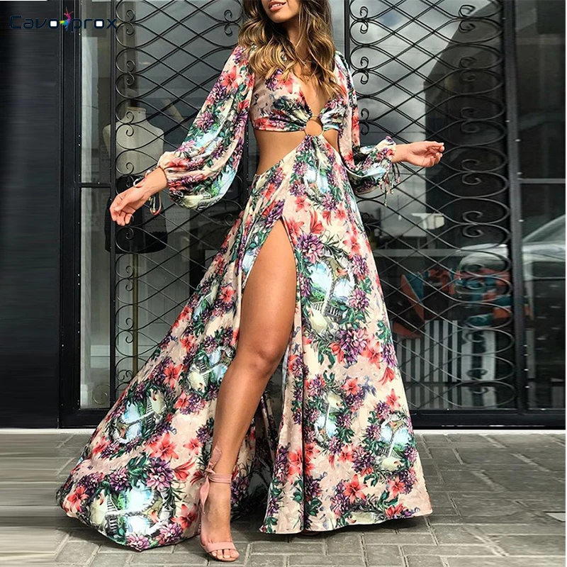 

Women Floral Print Cutout Thigh Slit Maxi Dress Long Sleeve Backless Plunge V-neck Floor-Length Beach Style Holiday Dress