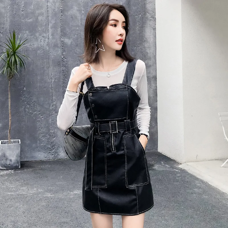 

Photo Shoot 2019 Autumn New Style PU Leather Strap Dress Two-Piece Set-Style Camisole Leather Skirt Suit Dress