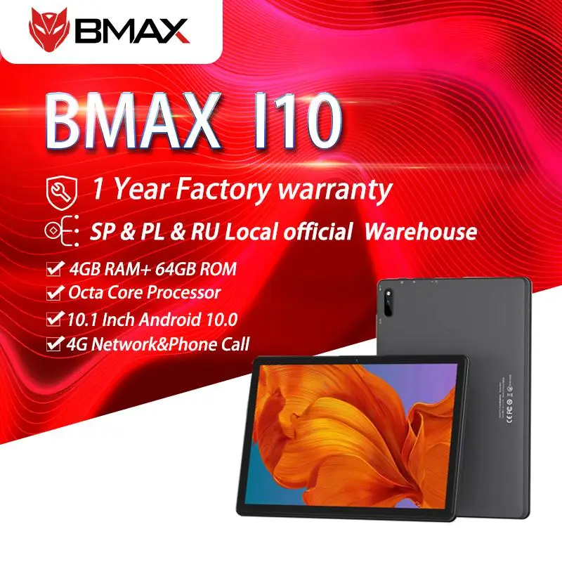 Bmax i10 10.1'' Tablet 1920x1080 IPS 4GB RAM 64GB ROM 4G Network Dual SIM Octa Core Tablets PC Android 10 Dual Wifi Type-C