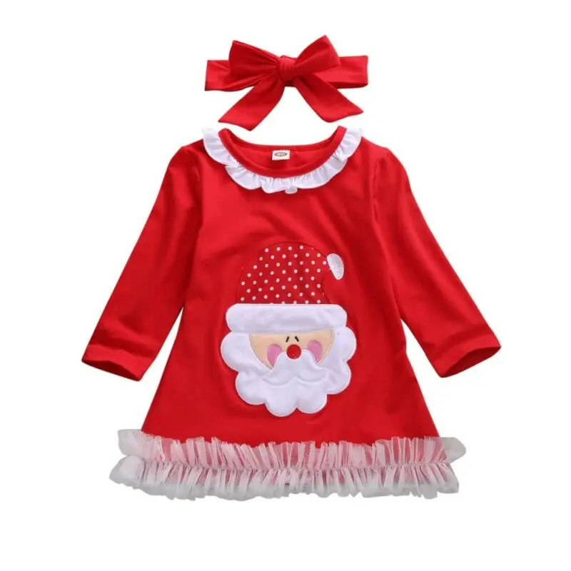 Рождественское красное платье для маленьких девочек от 0 до 24 месяцев кружевные вечерние платья с изображением Санта-Клауса для новорожденных девочек костюмы с длинными рукавами на Рождество и год