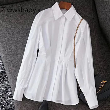 

Ziwwshaoyu Brand Runway Designer 100% Cotton Women's Shirt Long Sleeve Fashion Waist Crimp Top Solid Color Blouse