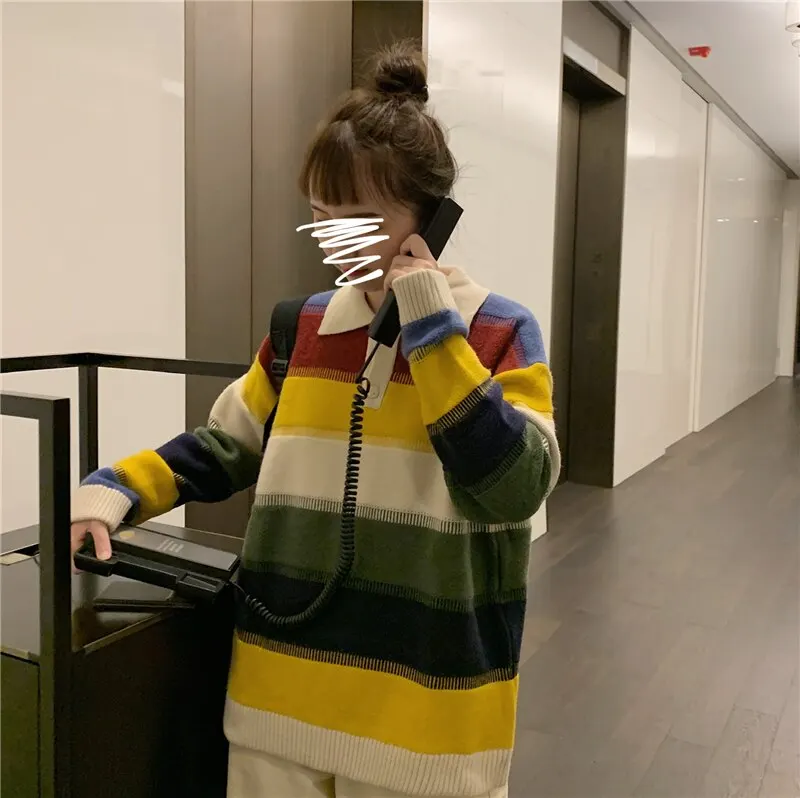 Зимний Корейский ins Harajuku винтажный Радужный полосатый вязаный шикарный ins женский модный негабаритный свободный Ulzzang Повседневный женский свитер