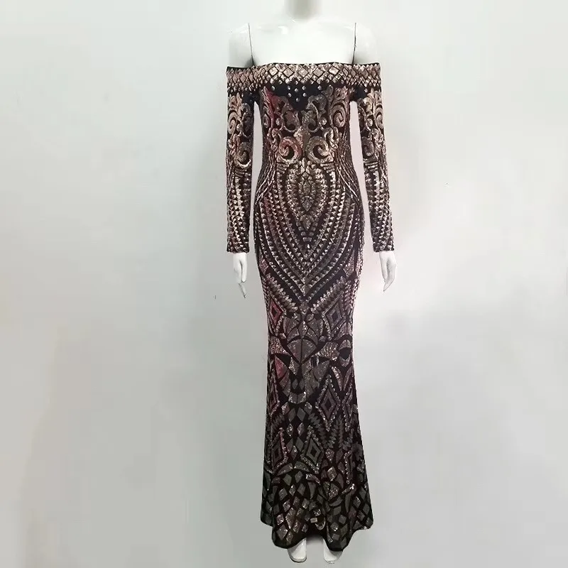 

New Fashion Hot Selling Sexy Off Shoulder Long Women Black White Khaki Sequin Dress Celebrity Prom Wedding Gown Party Dress