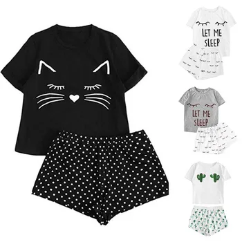 

Girls Short Sleeve Shorts Pijama Print Fashion Casual Pyjamas Women Round Neck Home Wear Pajamas Set Sleepwear Pizama Damska