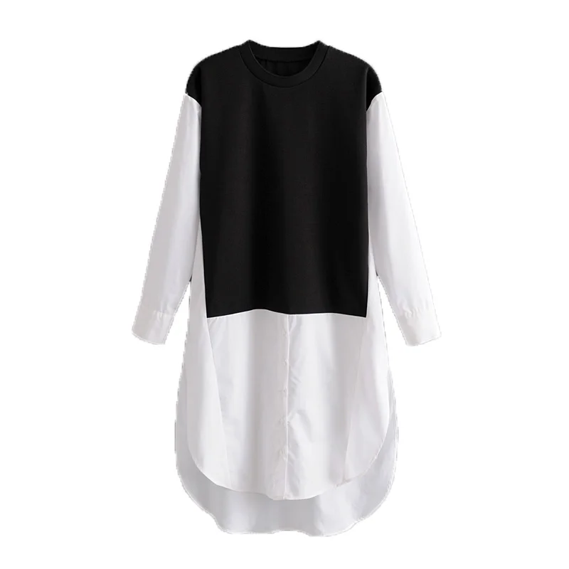 White and black Модная женская длинная рубашка Za, осень, повседневные Лоскутные рубашки с круглым вырезом, стильные свободные женские блузы с длинным рукавом, топы - Цвет: White and black