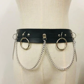 

2020 New Women Belts Punk Gothic Faux Leather Belt Metal Chain Ring Waist Strap Street Dance Decor