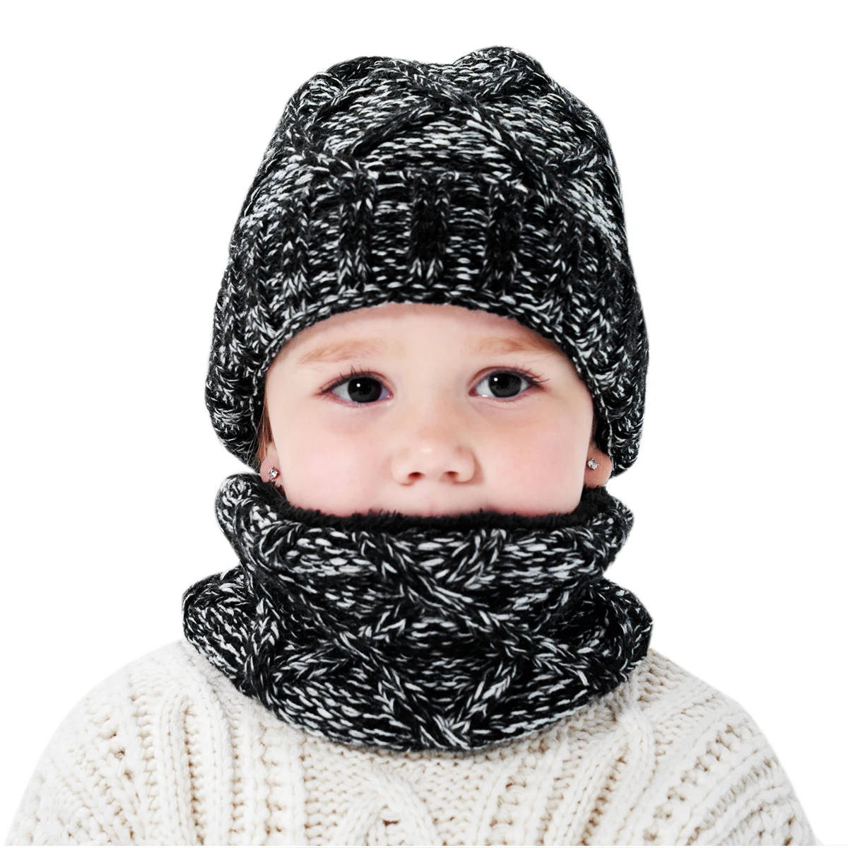 Комплект из 2 предметов, детский шарф-хомут для мальчиков и девочек, зимняя вязаная теплая шапка и теплый комплект с воротником - Цвет: Черный