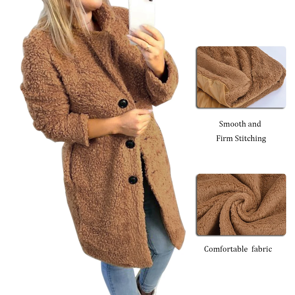 Women's Plush Coat Autumn Winter Women Button Jacket Casual Warm Turndown Collar Fur Outwear Mid-Length Woolen Jackets