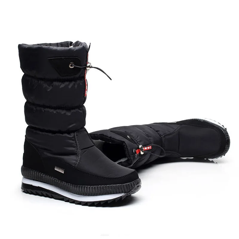 Черный Модные женские туфли зимние высокие сапоги upper boots из искусственной кожи водонепроницаемые теплые зимние сапоги с жесткой подошвой прошитой подошве; теплые зимние плюшевые сапоги до середины икр, с 3 цвета - Цвет: Черный