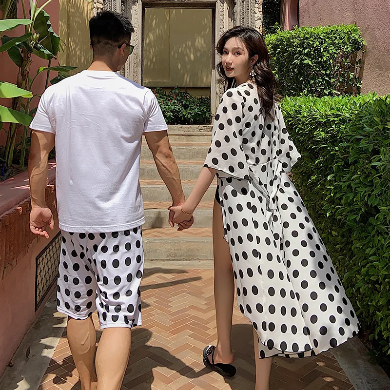 

Couples Swimwear New Style Split Type Bikini Three-piece Set Bathing Suit Fairy Long Polka Dot Blouse Underwire Beach Shorts Men