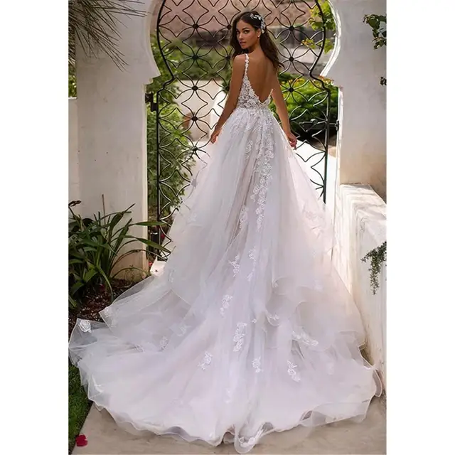 Long Boho A-Line Backless Wedding Dress 3D Flowers Spaghetti Straps Bride Dresses Princess Floor Length Wedding Gowns 2