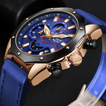 

LIGE New Mens Watches Top Brand Luxury Business Quartz Watch For Men Blue Leather Waterproof Sport Chronograph Relogio Masculino