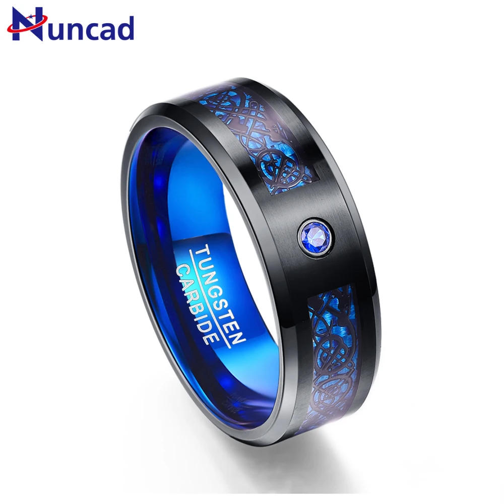 Online Nuncad 8mm de ancho 2,3 MM de espesor de moda anillo azul de carburo de tungsteno con incrustaciones de dragón negro para regalo de joyería de boda Ring t048r