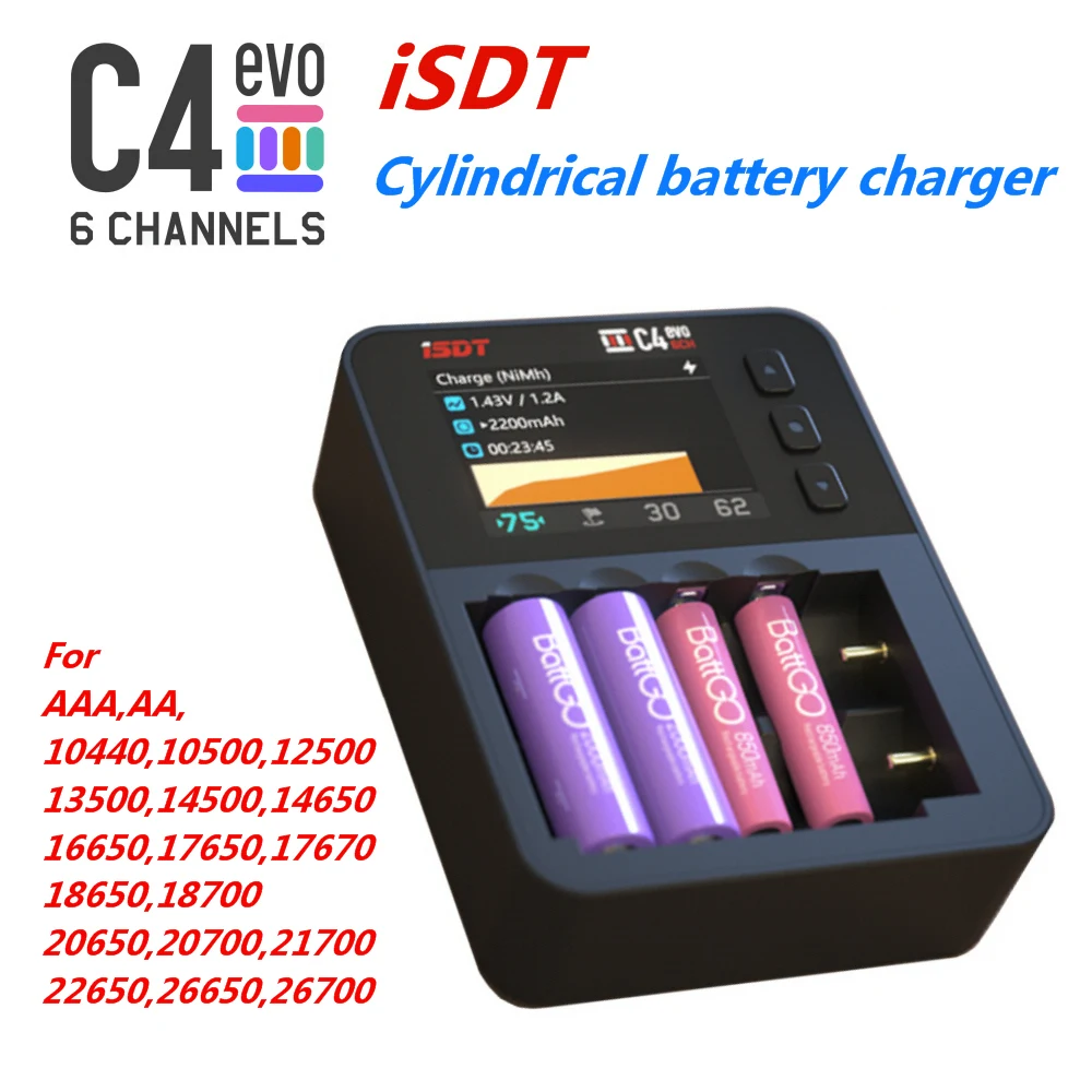 ISDT C4 EVO Smart Battery Charger with Type-C QC3.0 Output for AA AAA Li-ion Battery with IPS Display Screen and Fire Prevention