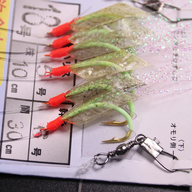 1bag 6pcs Luminous String Hooks Soft Real Deep Sea Fish Skin Bait Flash  Sabiki Rigs Saltwater