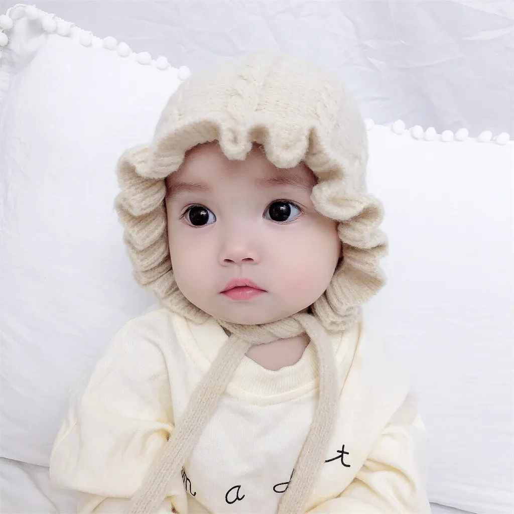 Princess Baby Girl Hat Laciness Knit Winter Newborn Hat Baby Bonnet Enfant Hats Kids Cap for Girls Warm New Born Caps#C