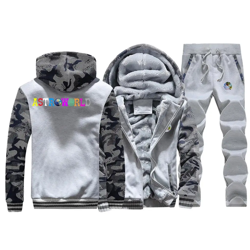 Light Gray Трэвиса Скотта Astroworld Smiley World куртка+ брюки 2 шт. наборы повседневное пальто камуфляж толстые толстовки мужские толстовки Зимний теплый костюм - Цвет: Light Gray
