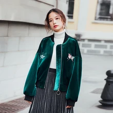 Женская бархатная бейсбольная куртка, осенняя Цветочная вышивка в виде птиц, куртка-бомбер на молнии с длинным рукавом, мотоциклетная Свободная куртка, верхняя одежда E7581