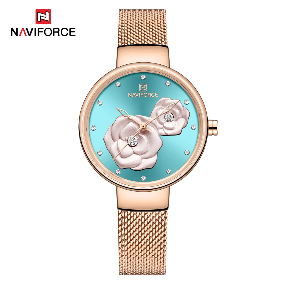 NAVIFORCE, роскошные женские часы Rosegold, 3D цветок, кварцевые часы, Дамская мода, наручные часы, женские водонепроницаемые часы