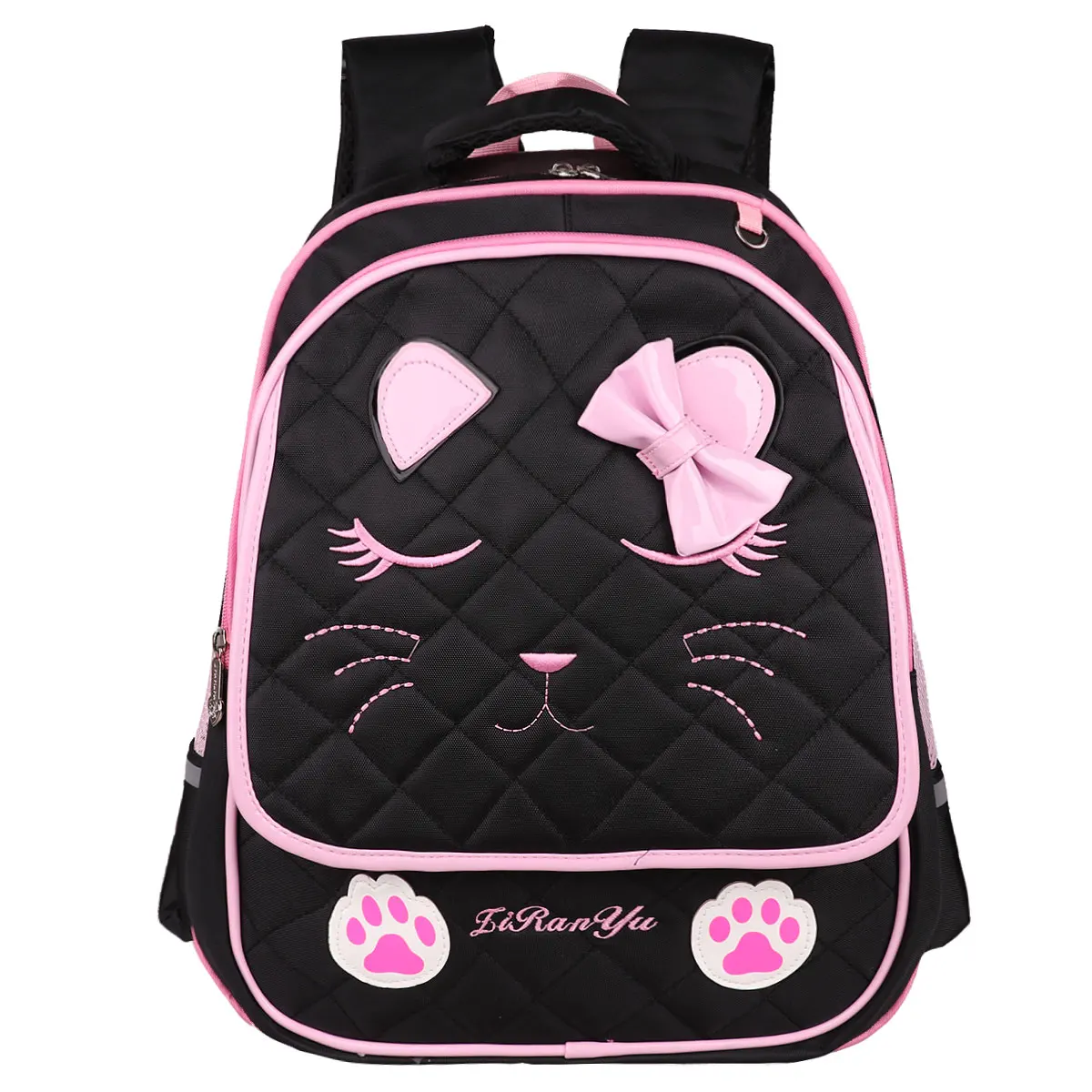 

Cute Kids Girls Cat Face Bowknot Reflective Stripes Shoulder Straps School Bookbag Waterproof Durable Backpack with Key Chain