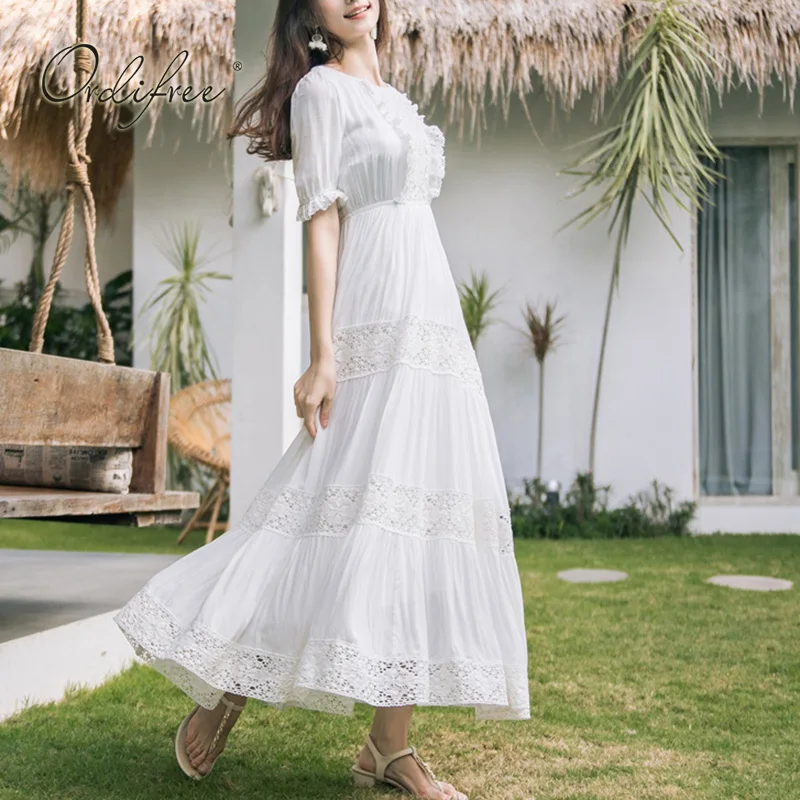 Ordifree летнее Boho женское Макси платье богемное белое кружевное хлопковое длинное пляжное платье-туника праздничная одежда